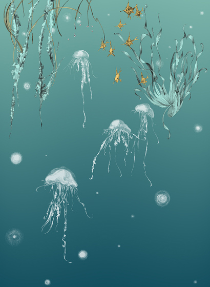 Carta da parati Nautilus/ Méduses/ Nénuphars - Turquoise - Méduses gauche - Turquoise