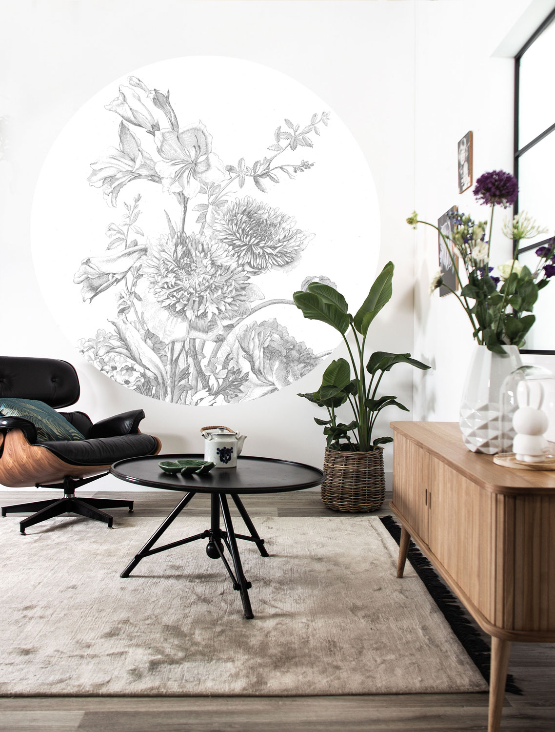 Wandbild Engraved Flowers 2 Circle - M - 1.9m