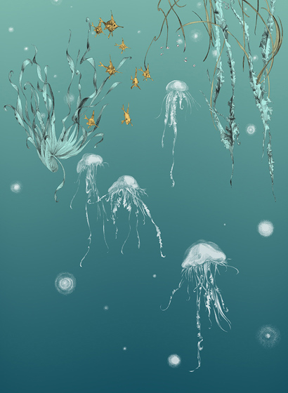 Carta da parati Nautilus/ Méduses/ Nénuphars - Turquoise - Méduses droit - Turquoise