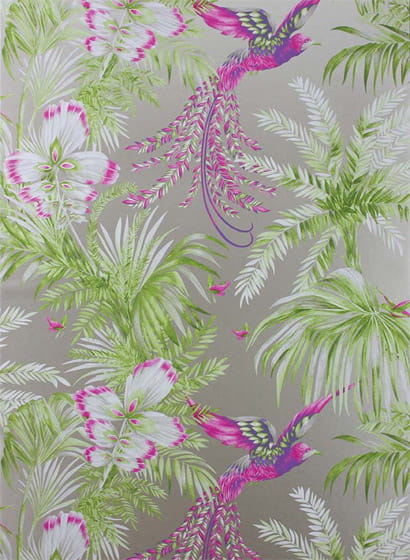Carta da parati Bird of Paradise - Kiwi/ Violet/ Metallic Gilver