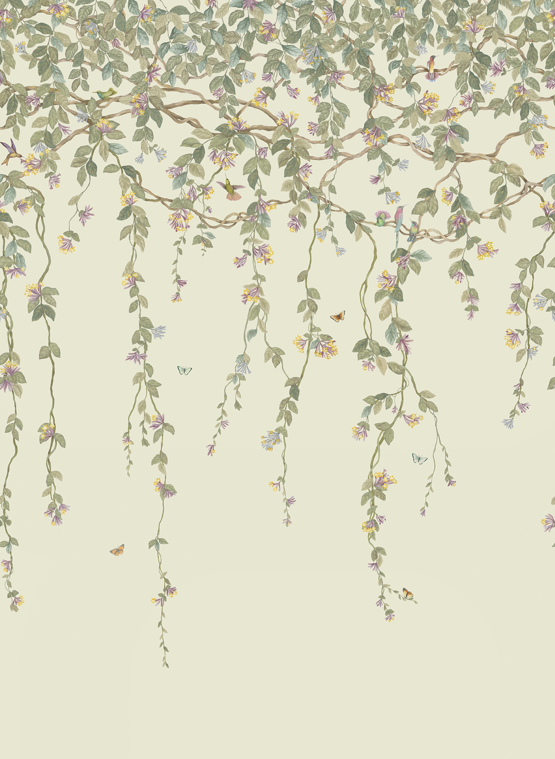 Tapete Hummingbirds Flora - Multi/ Old Olive on Eau Du Nil