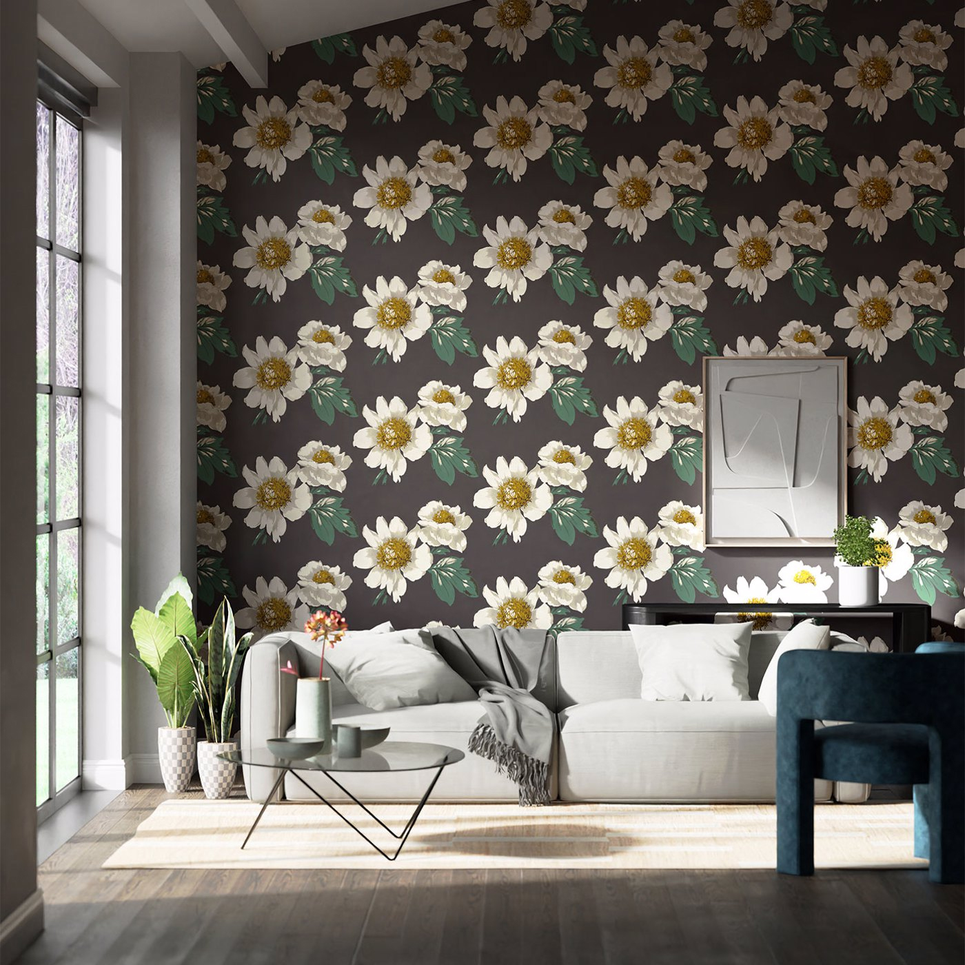 Tapete Paeonia - Black Earth/ Fig Leaf/ Gold