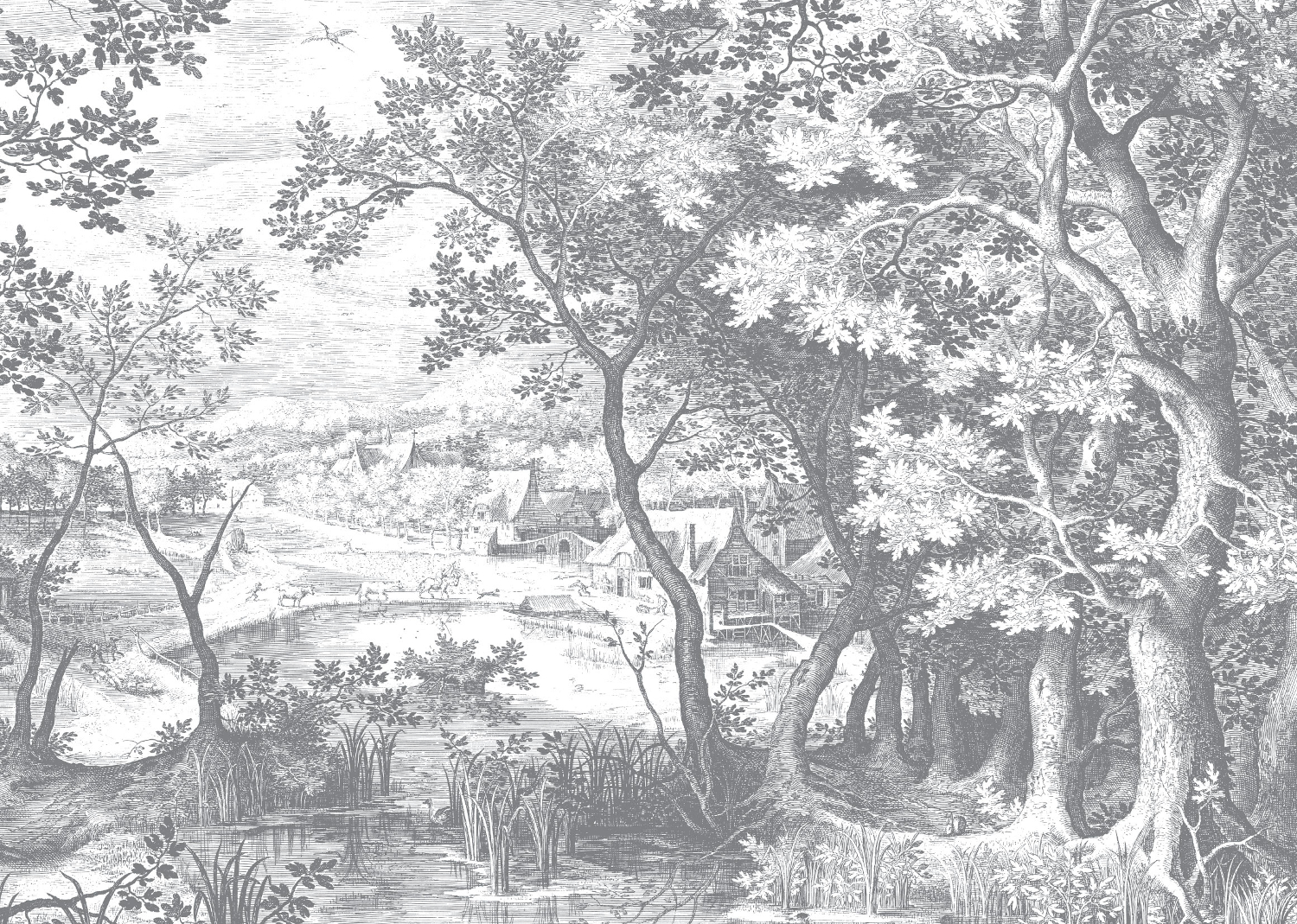 Wandbild Engraved Landscapes 7 - BW - 3.896m Breite