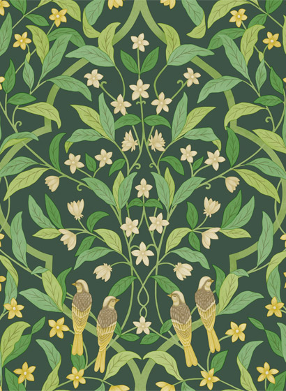 Tapete Jasmine & Serin Simphony - Yellow on Dark Forest Green