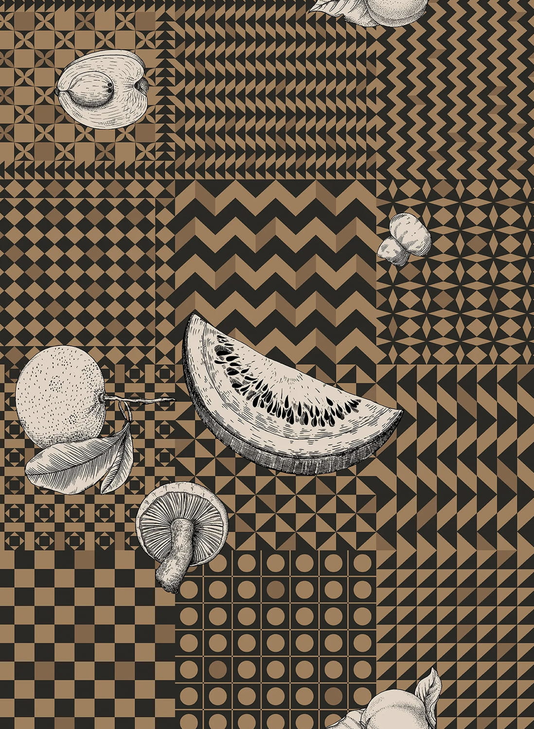 Tapete Frutta e Geometrico - Black/ White/ Gold