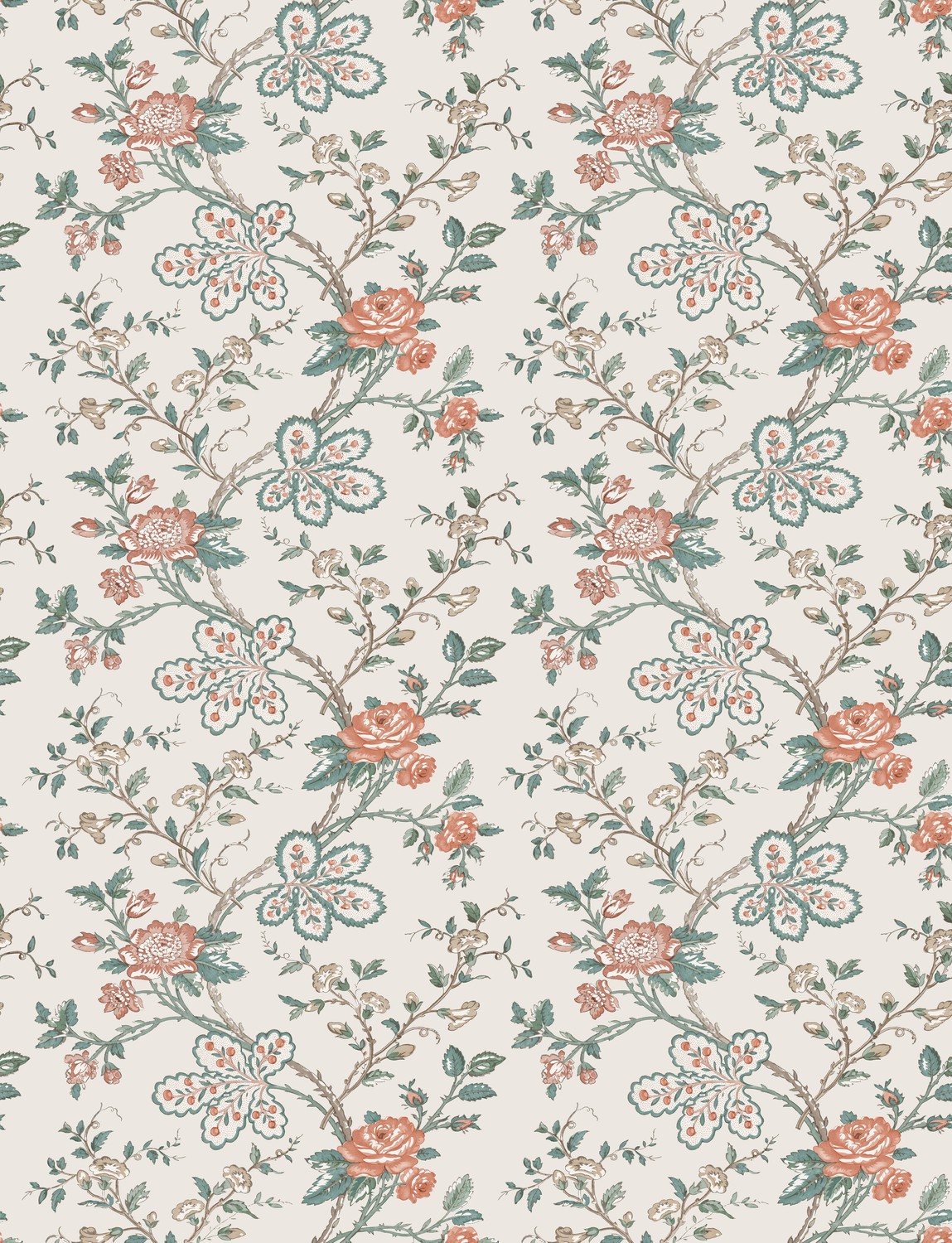 Carta da parati Genevieve - Teal/ Coral/ Ivory