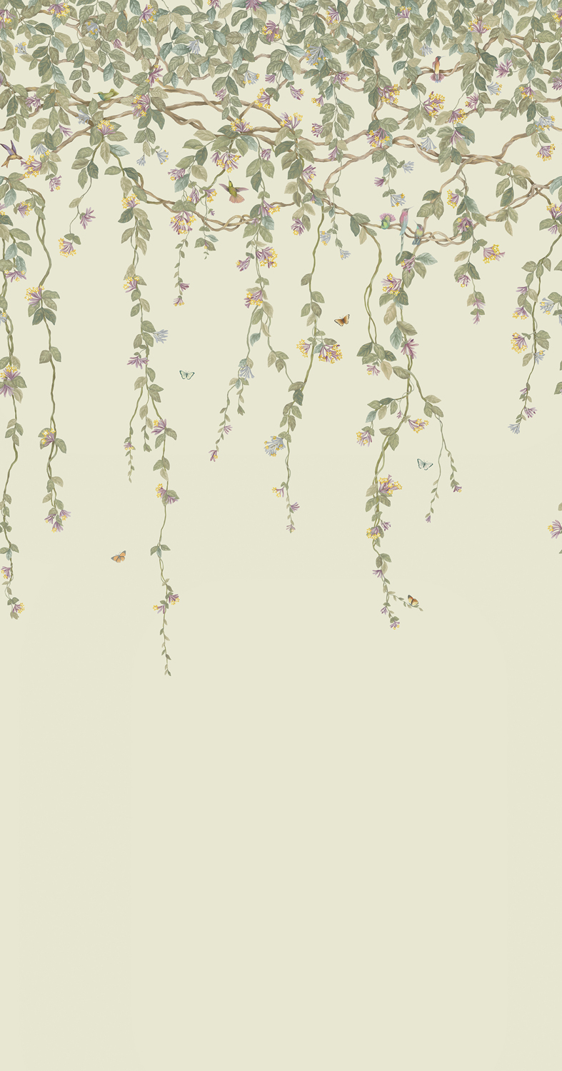 Tapete Hummingbirds Flora - Multi/ Old Olive on Eau Du Nil