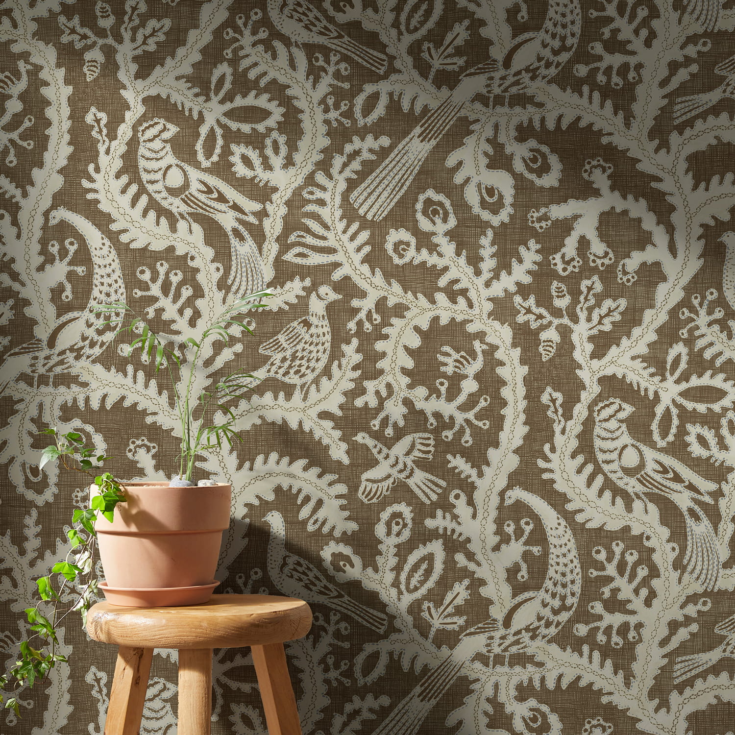 Tapete Stitched Birds - Brown