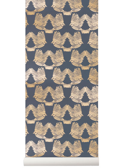 Carta da parati Birds - Deep Blue/ Gold
