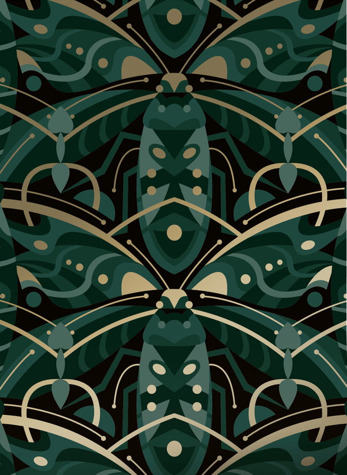 Tapete Art Deco Animaux Beetle Gold - green