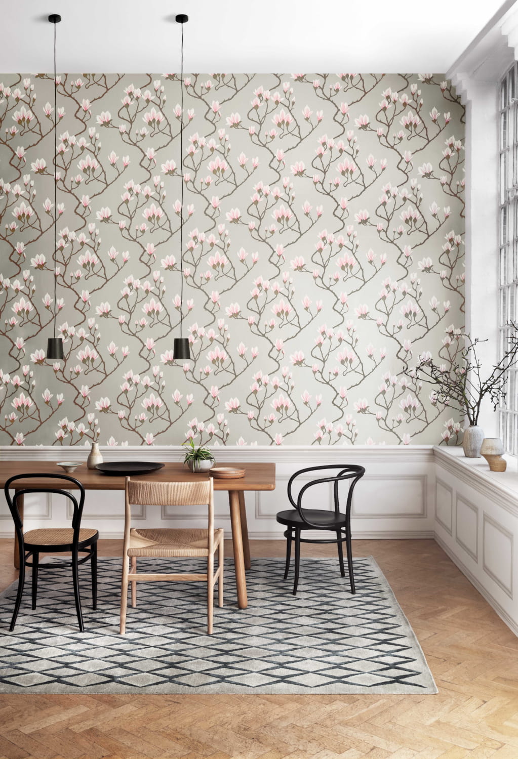 Tapete Magnolia - Alabaster on Metallic Silver