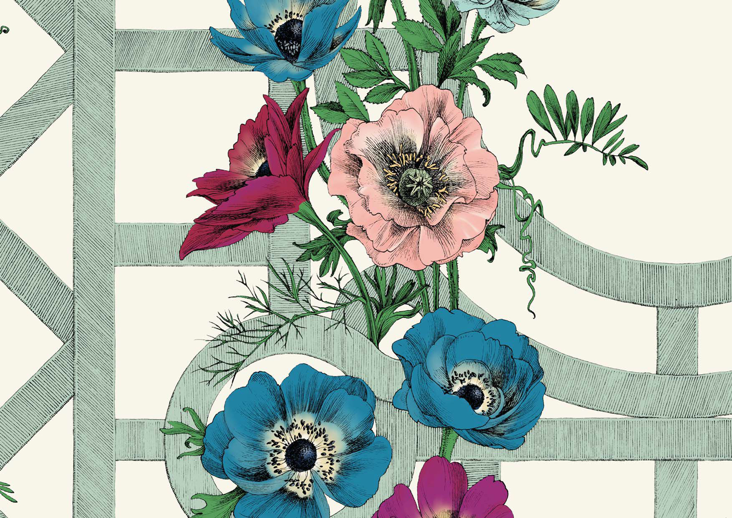 Tapete Jardin d'Anémones - Fuschia/ Bleu