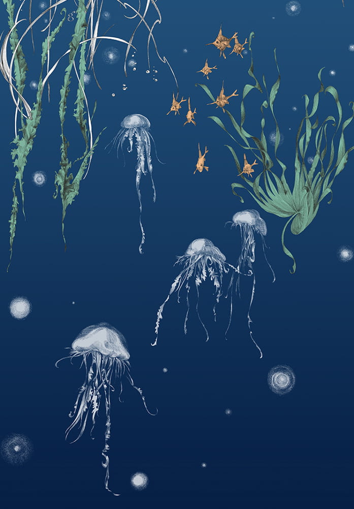 Tapete Nautilus/Méduses/Nénuphars - Marine - Méduses gauche - Marine