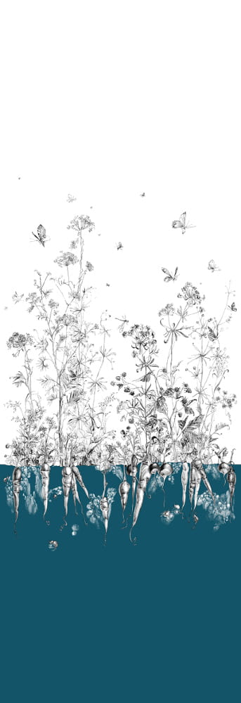 Tapete Lièvres/Fenouil/Tournesol - Bleu - Fenouil Sauvage Gauche - Bleu