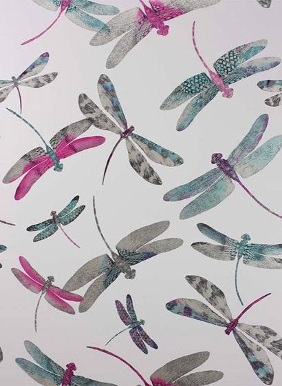 Tapete Dragonfly Dance - Fuchsia/ Duck Egg/ Matt Silver