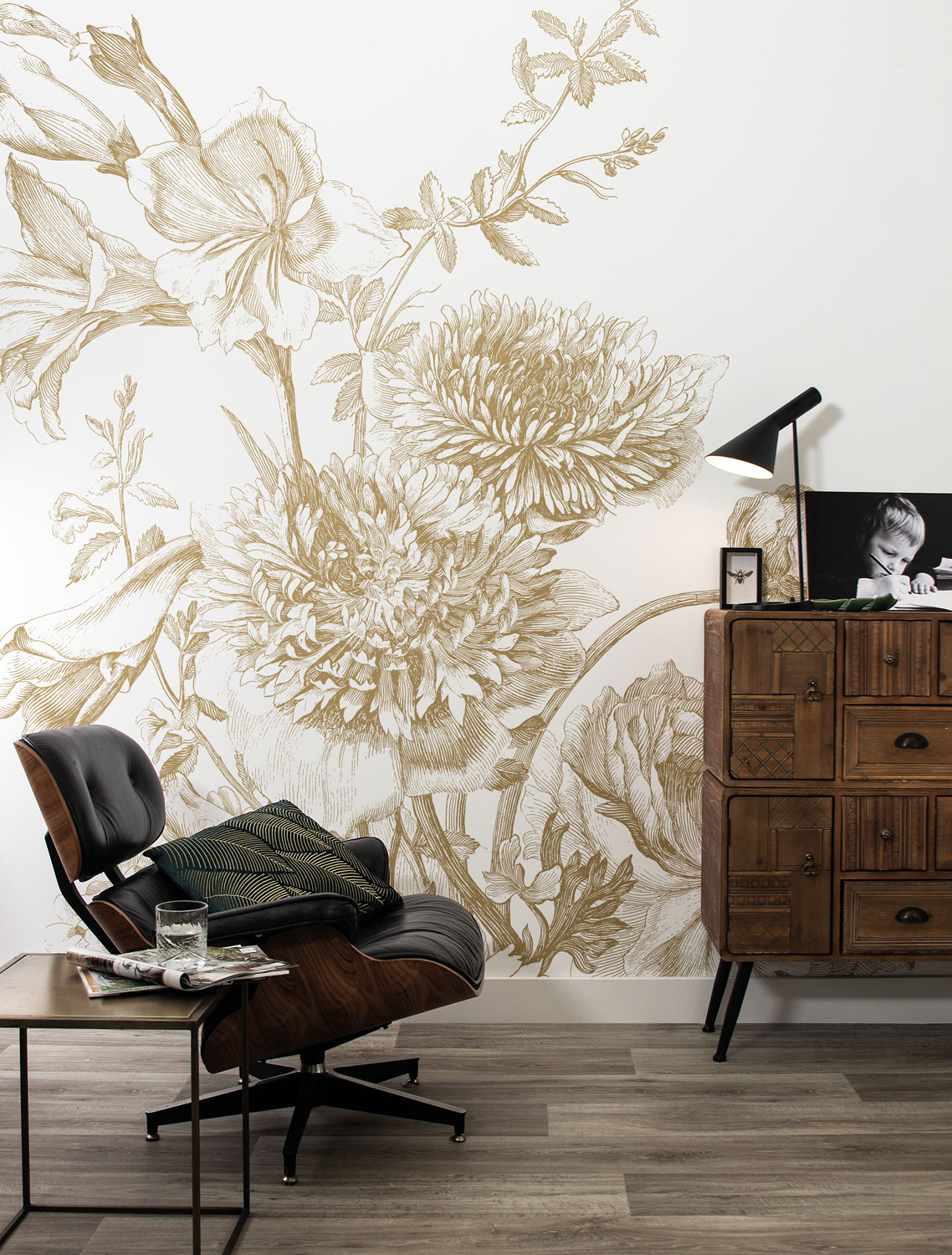 Wandbild Engraved Flowers Gold 2 - XL