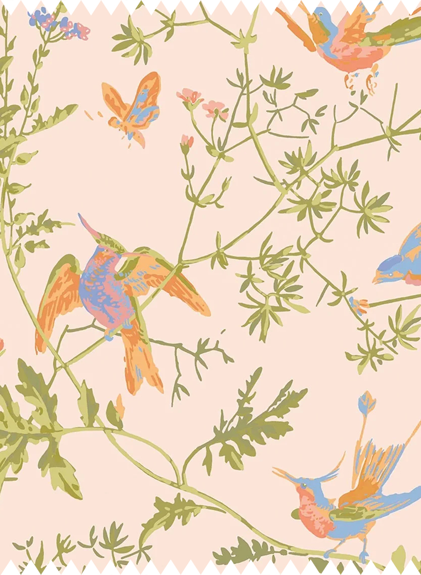 Stoff Hummingbirds Cotton - Tangerine/ Olive on Blush