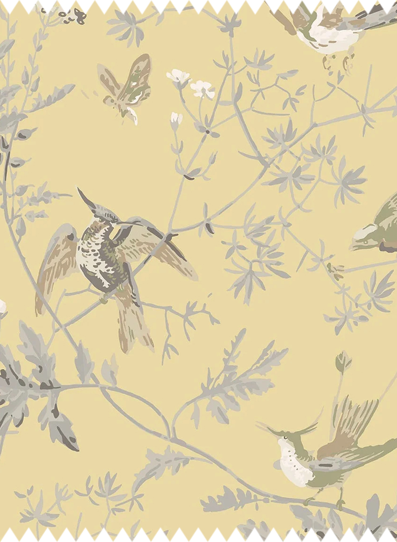 Stoff Hummingbirds Silk - Gold & Soft Grey