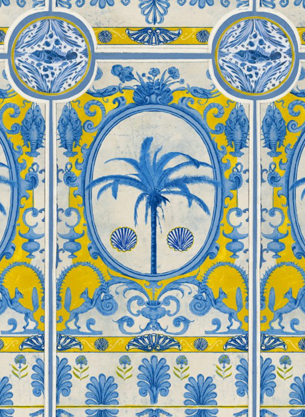 Tapete The Villa Mural - Blue/ Yellow/ Taupe