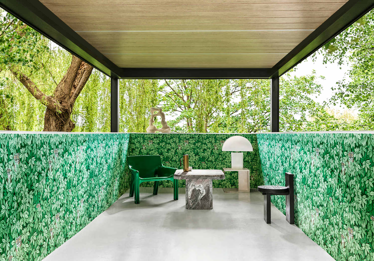 Tapete Foglie e Civette - Forest Green