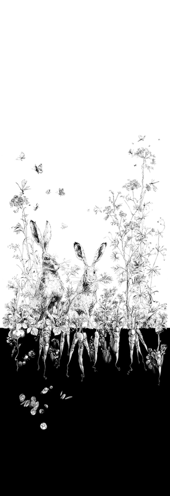 Tapete Lièvres/Fenouil/Tournesol - Blanc et Noi - Lièvres Gauche - Blanc et Noir