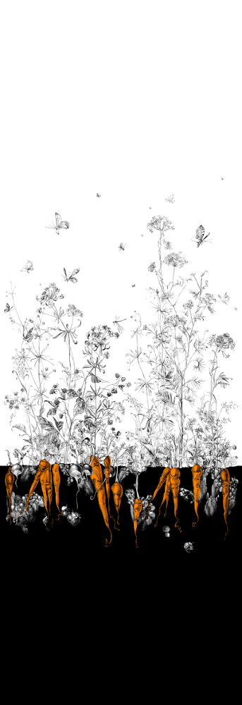 Tapete Lièvres/Fenouil/Tournesol - Noir Orange - Fenouil Sauvage Droit - Noir Orange Doré