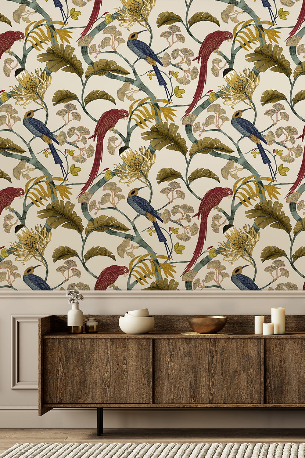 Tapete Living Branches - Red, Turquoise and Ecru