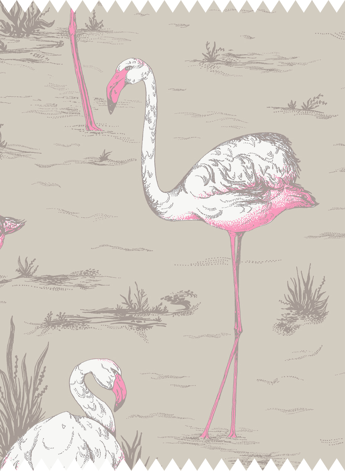 Stoff Flamingos Linen Union - White & Fuchsia on Taupe