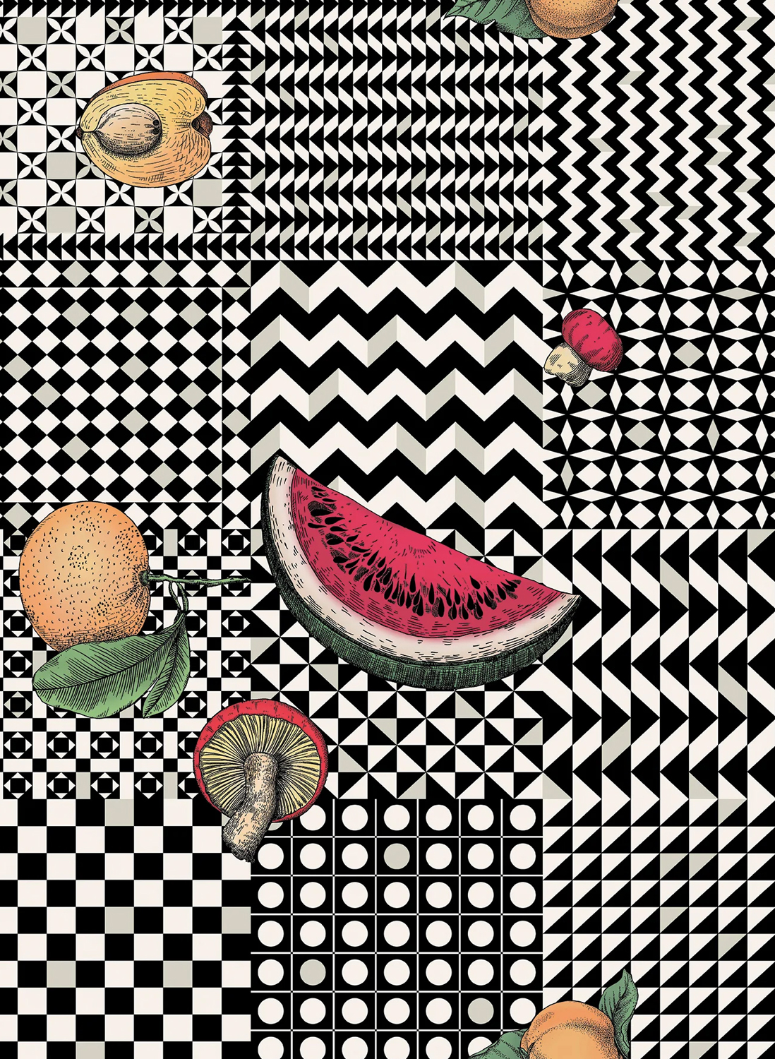 Tapete Frutta e Geometrico - Black/ White/ Multi