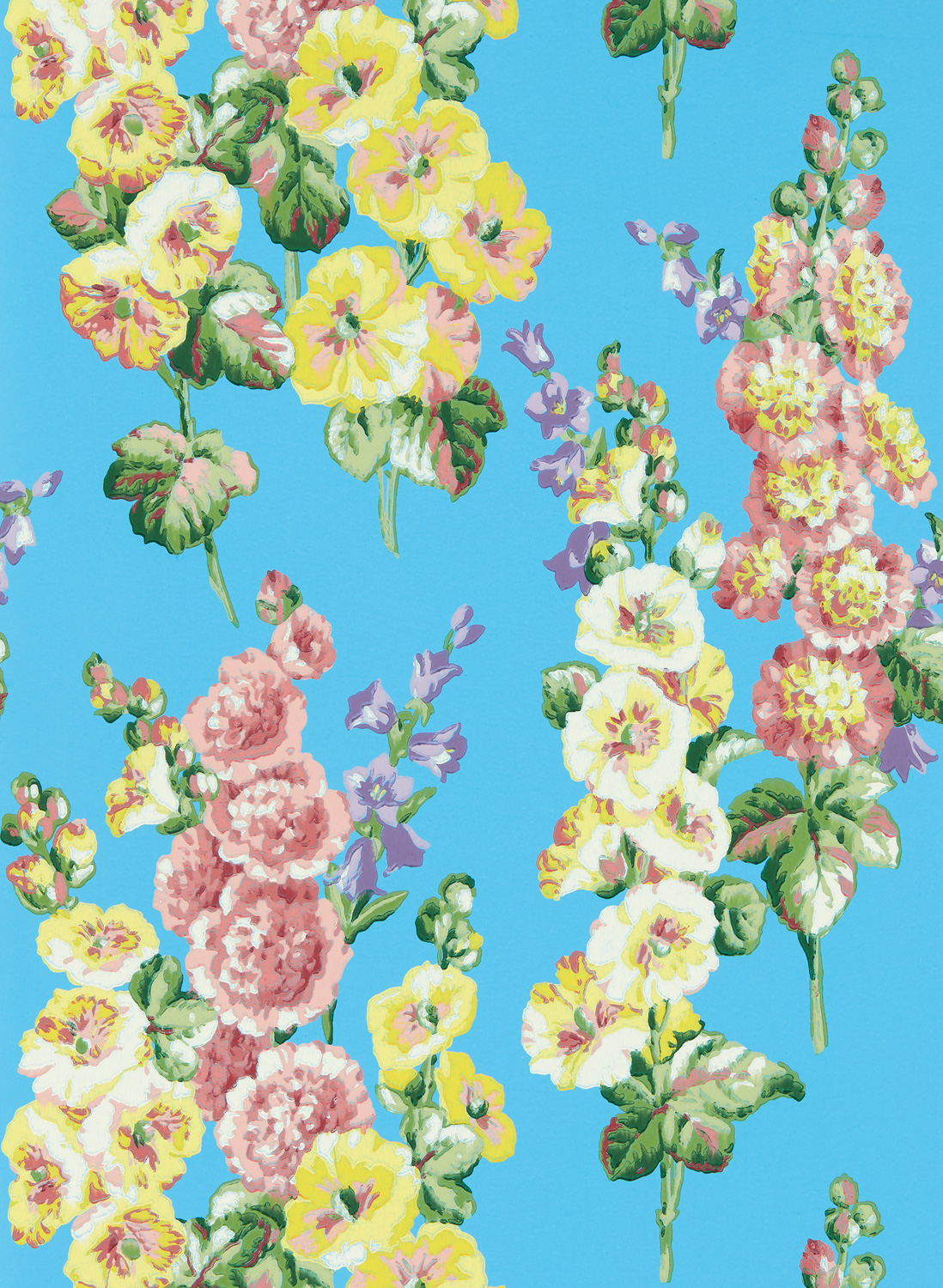 Tapete Hollyhocks - Fire Pink/ Bright Blue