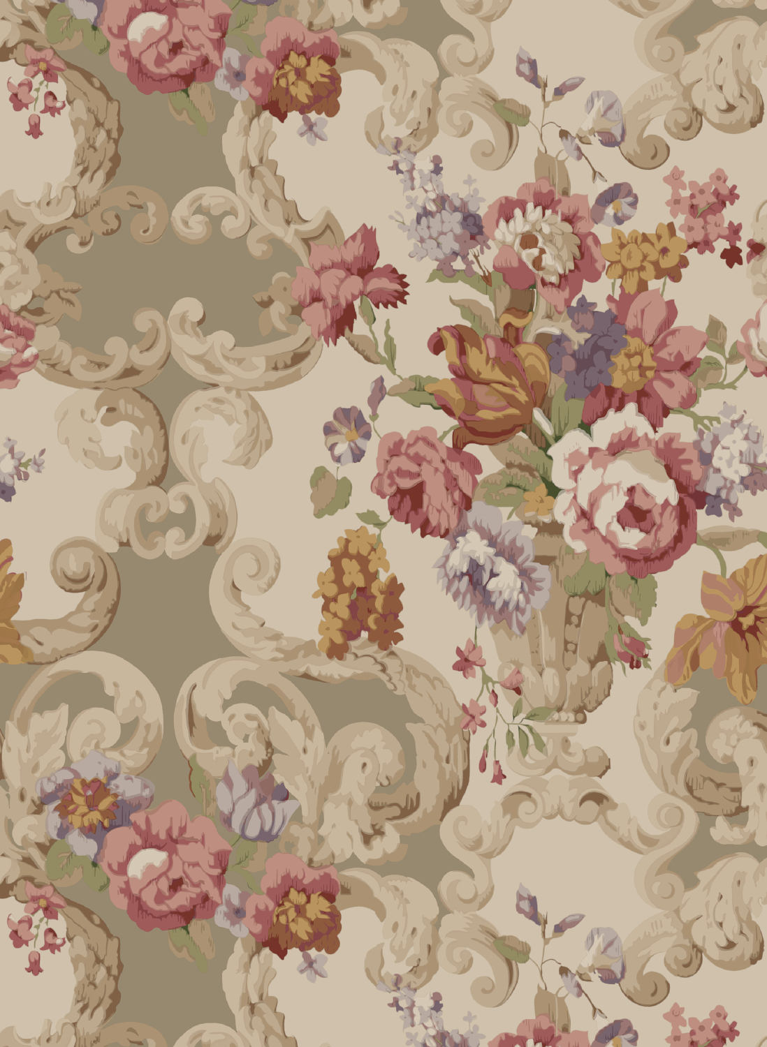 Tapete Floral Rococo - Red/ Plum