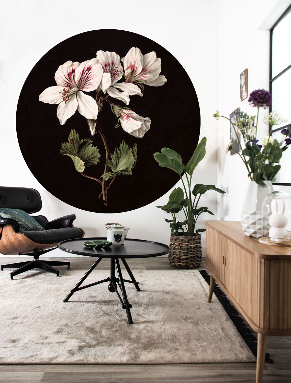 Wandbild White Flowers Circle - M - 1.9m