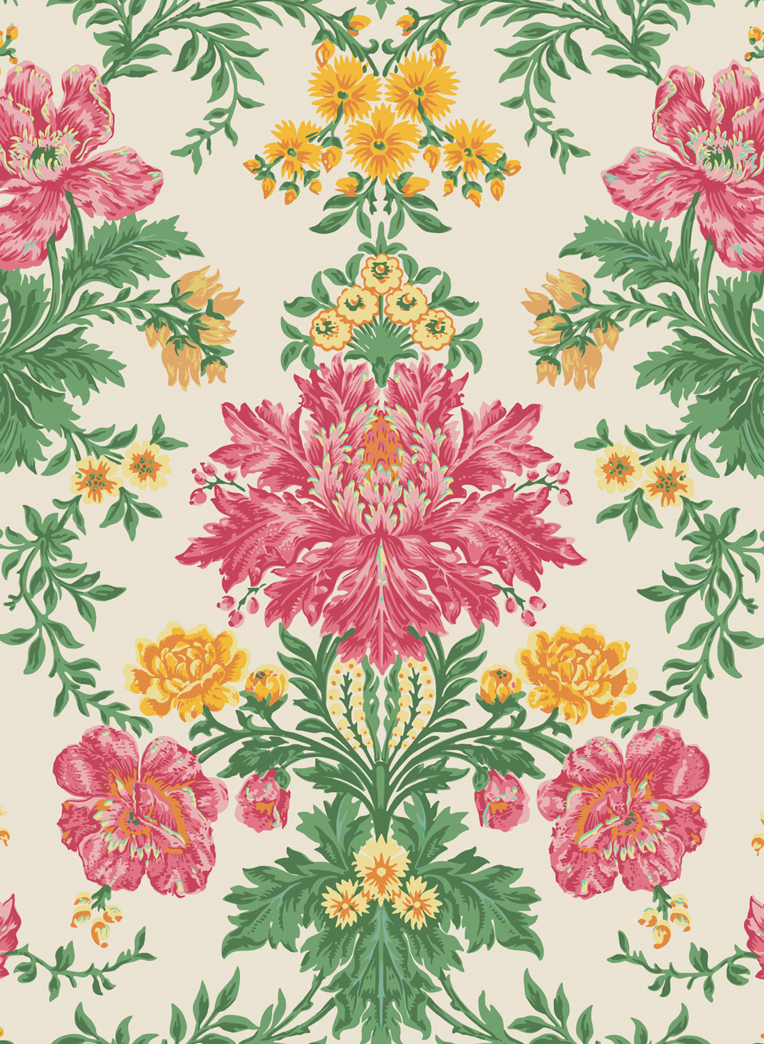 Tapete Poppies - Soft Fuchsia/ Buttercup and Fern on Cream