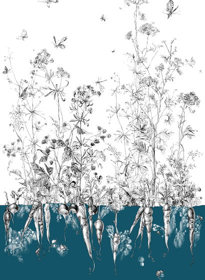 Tapete Lièvres/Fenouil/Tournesol - Bleu - Fenouil Sauvage Droit - Bleu