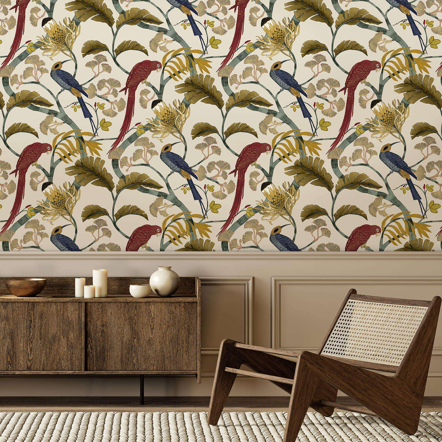Tapete Living Branches - Red, Turquoise and Ecru