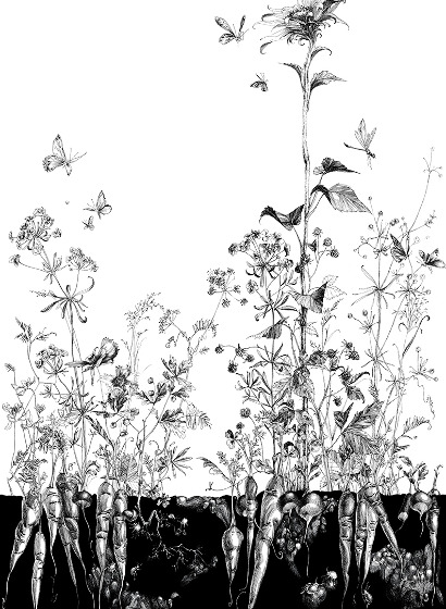 Tapete Lièvres/Fenouil/Tournesol - Blanc et Noi - Tournesol Droit - Blanc et Noir