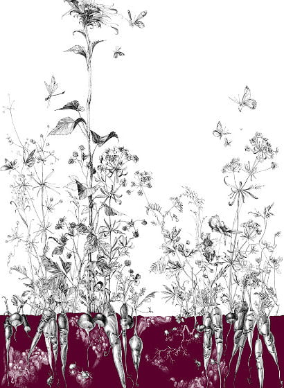 Tapete Lièvres/Fenouil/Tournesol - Aubergine - Tournesol Gauche - Aubergine
