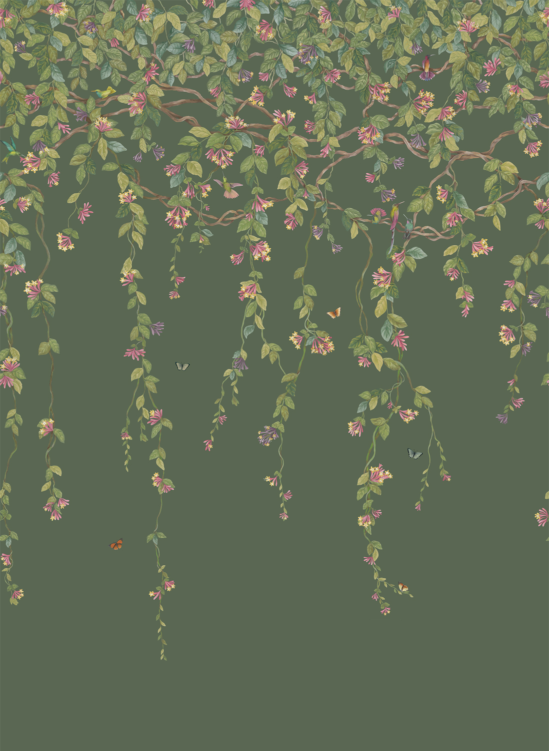 Tapete Hummingbirds Flora - Fuchsia on Racing Green