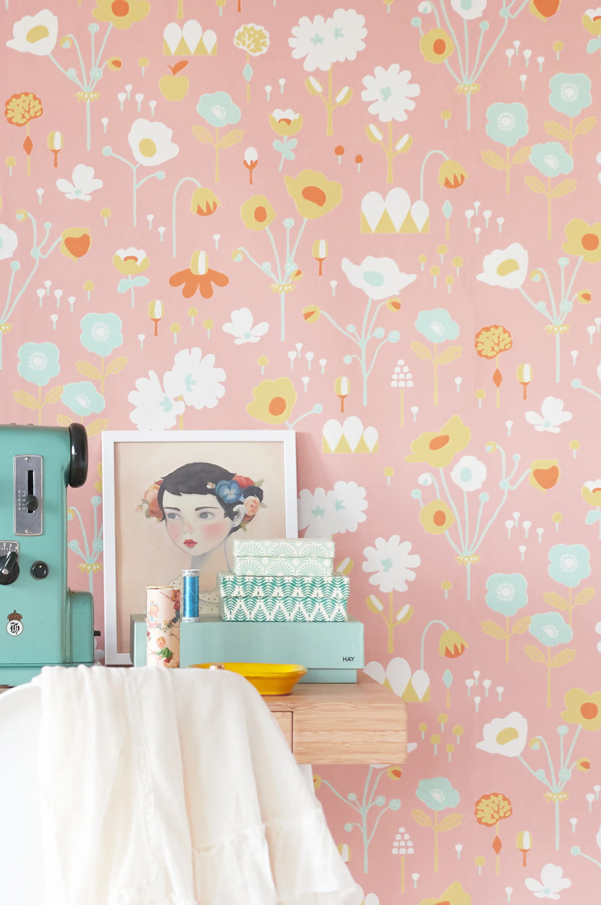 Papier peint Bloom - Dusty Pink/ Turquoise/ Yellow/ Orange/ White