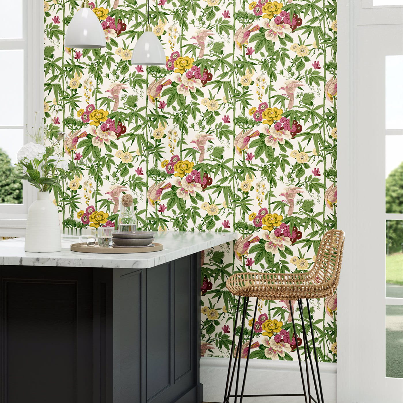 Tapete Bamboo and Birds - Scallion Green