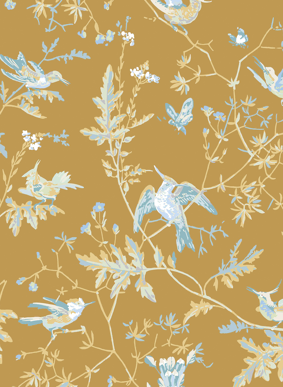 Tapete Hummingbirds - Ice Blue on Metallic Gold